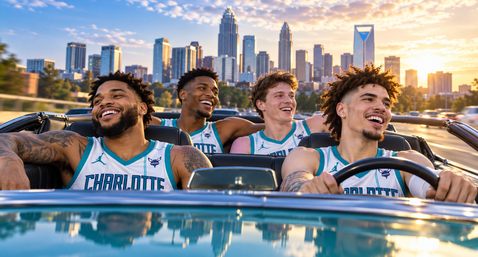 Four people in Charlotte basketball jerseys riding in a convertible with the city skyline behind them.
