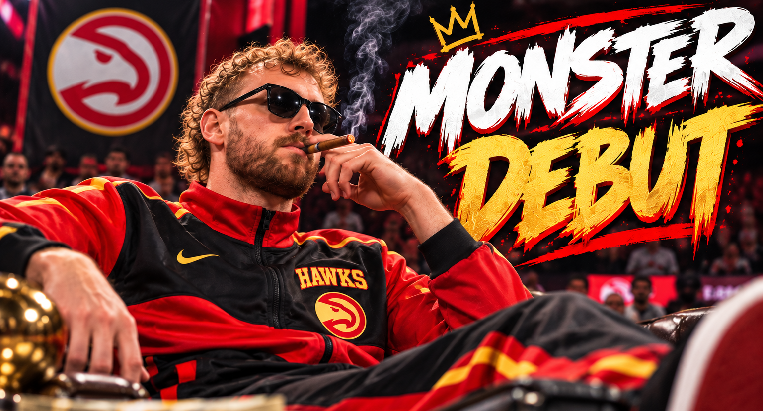 A person in Atlanta Hawks gear beside the words Monster Debut.