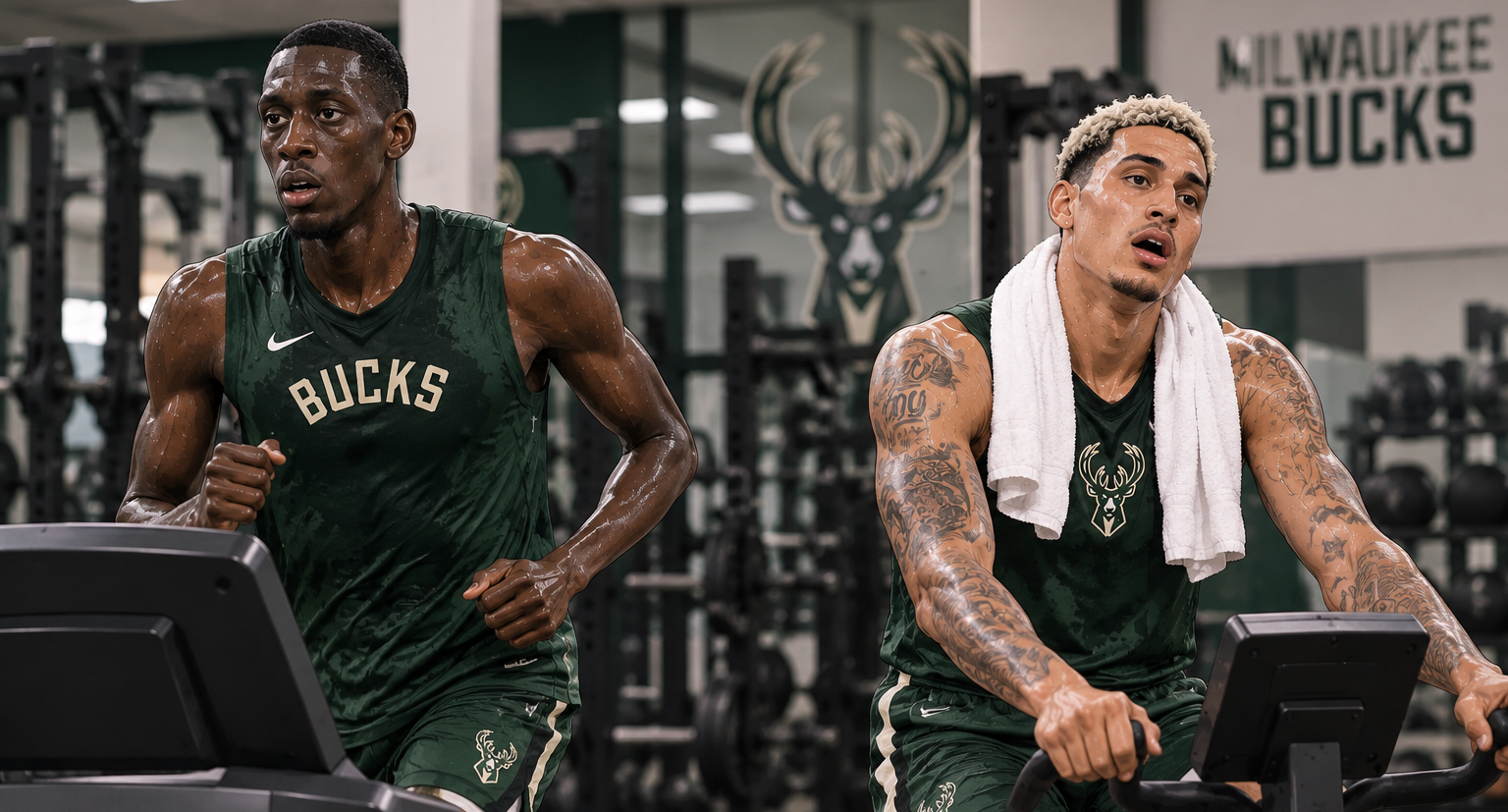 Two people in Milwaukee Bucks workout gear using cardio machines.