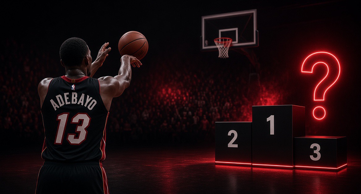 A player in a Miami Heat Adebayo No. 13 jersey shooting a basketball beside a 1-2-3 podium and a glowing red question mark.