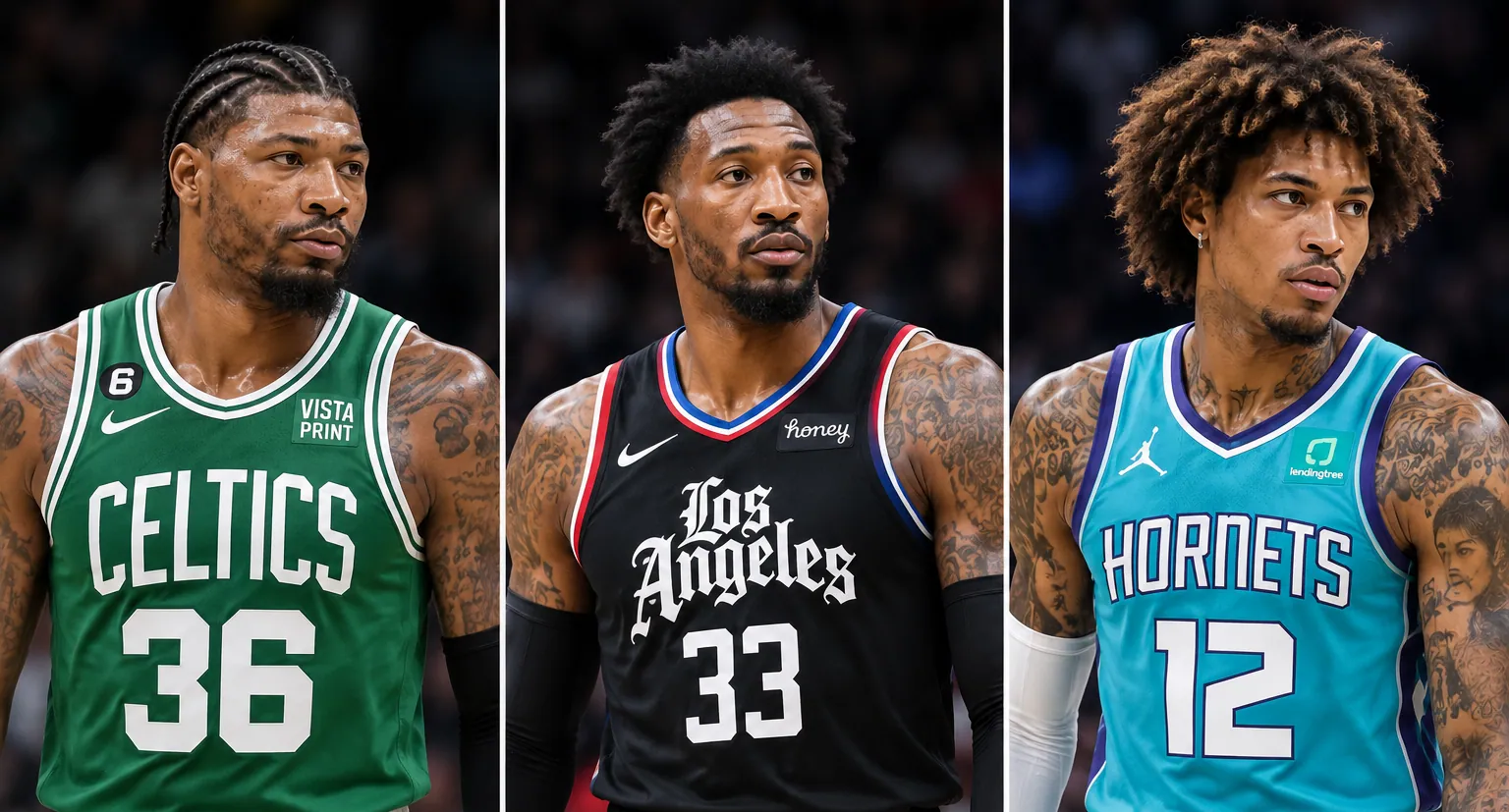 Marcus Smart, Robert Covington and Kelly Oubre Jr. in a three-panel basketball portrait.