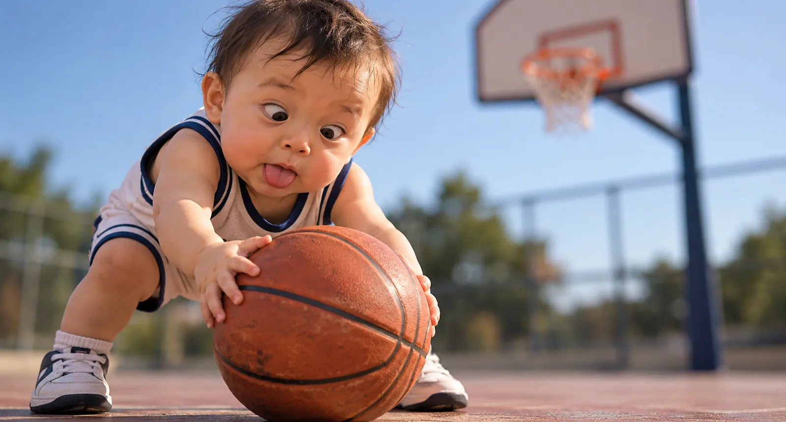 A toddler holding a basketball on an outdoor court.
