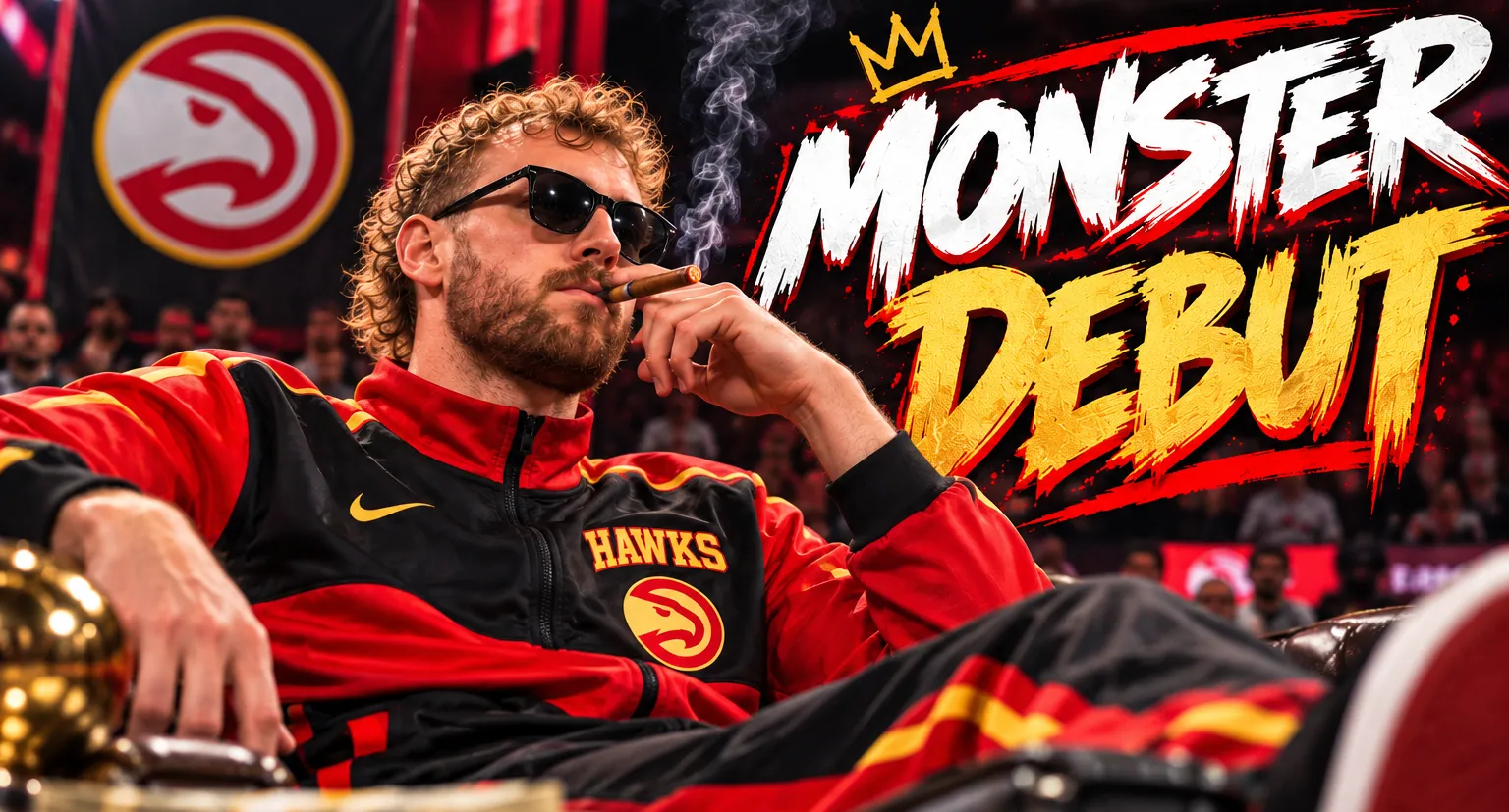 A person in Atlanta Hawks gear beside the words Monster Debut.