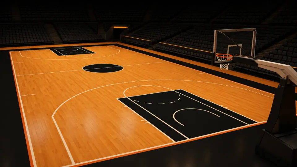An empty basketball court under arena lights