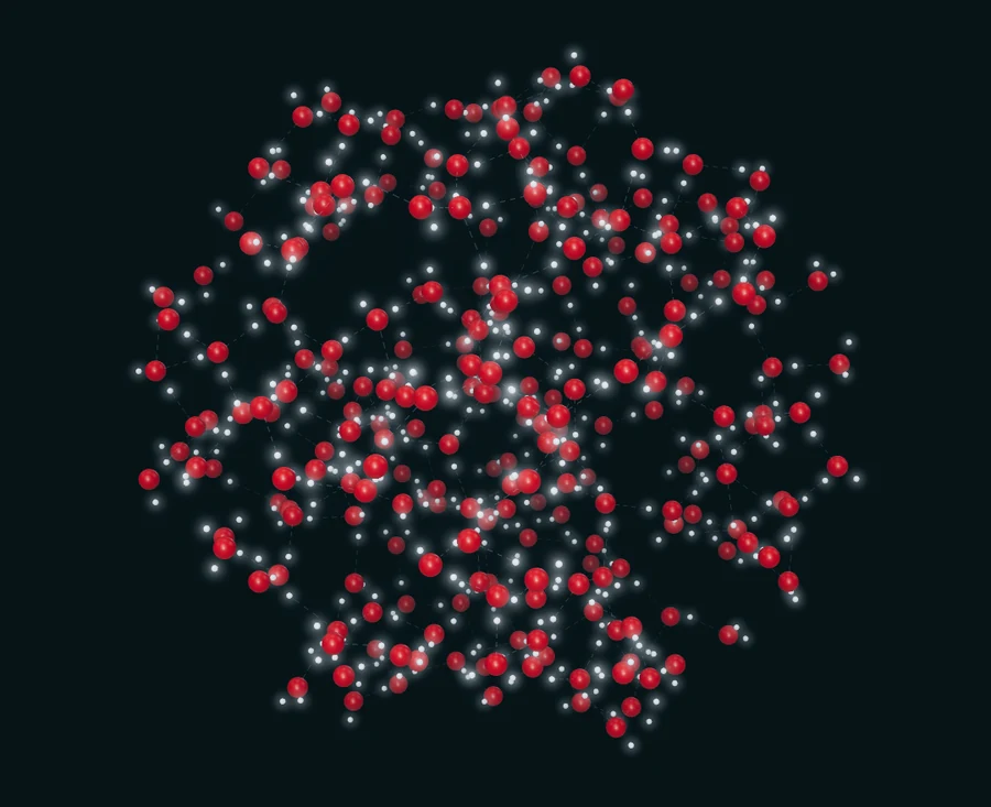 A roughly spherical droplet of 250 water molecules drawn as red oxygen spheres and small glowing white hydrogens on a dark background, with faint dashed lines between some molecules.